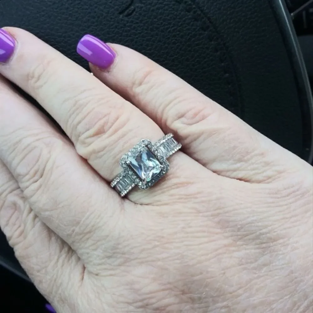 Emerald Cut  & Baguette Diamond Halo Sterling Wedding Engagement Ring
